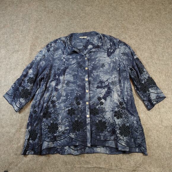 John Mark Top Womens 2X Button Front Artsy Tie Dye Embroidered Lace Navy Blue - Picture 1 of 9
